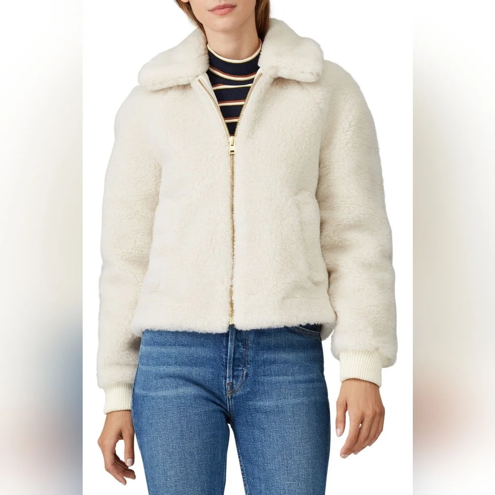 J. CREW Sherpa Bomber Jacket Teddy Plush Fleece Faux Fur Cream Small